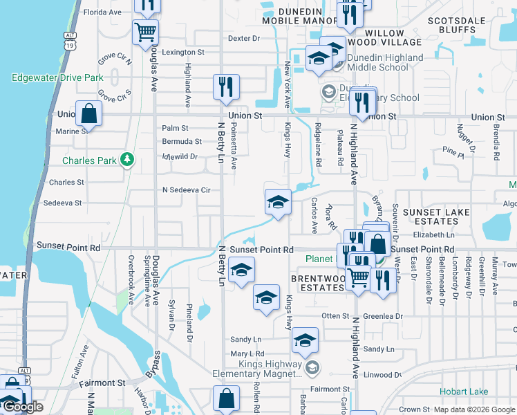 map of restaurants, bars, coffee shops, grocery stores, and more near 1962 Freedom Drive in Clearwater