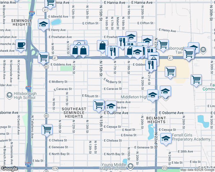 map of restaurants, bars, coffee shops, grocery stores, and more near 1512 East McBerry Street in Tampa