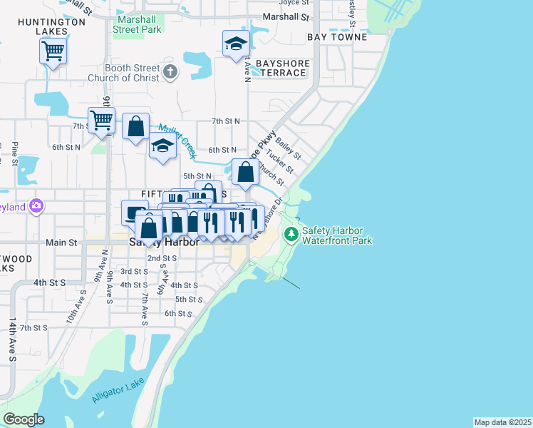 map of restaurants, bars, coffee shops, grocery stores, and more near 101-199 Jefferson Street in Safety Harbor