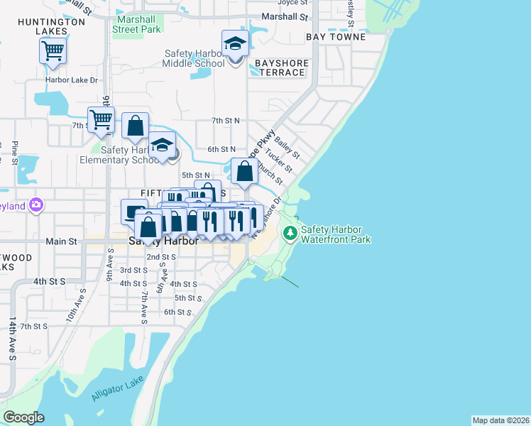 map of restaurants, bars, coffee shops, grocery stores, and more near 101-199 Jefferson Street in Safety Harbor