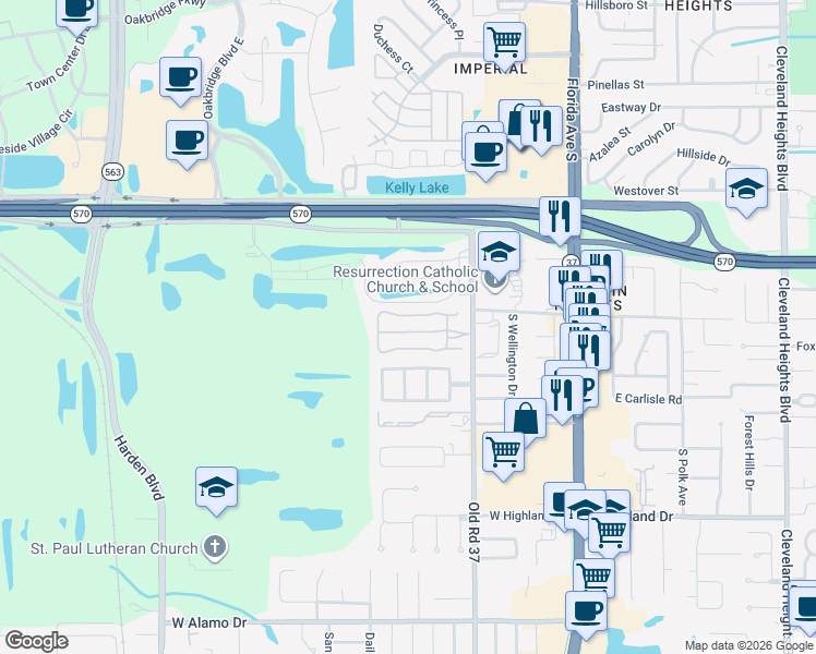 map of restaurants, bars, coffee shops, grocery stores, and more near 451 Nighthawk Drive in Lakeland