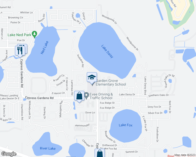 map of restaurants, bars, coffee shops, grocery stores, and more near 5125 Bird Lane in Winter Haven