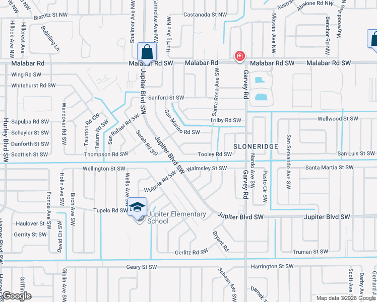 map of restaurants, bars, coffee shops, grocery stores, and more near 739 Winchell Street Southwest in Palm Bay