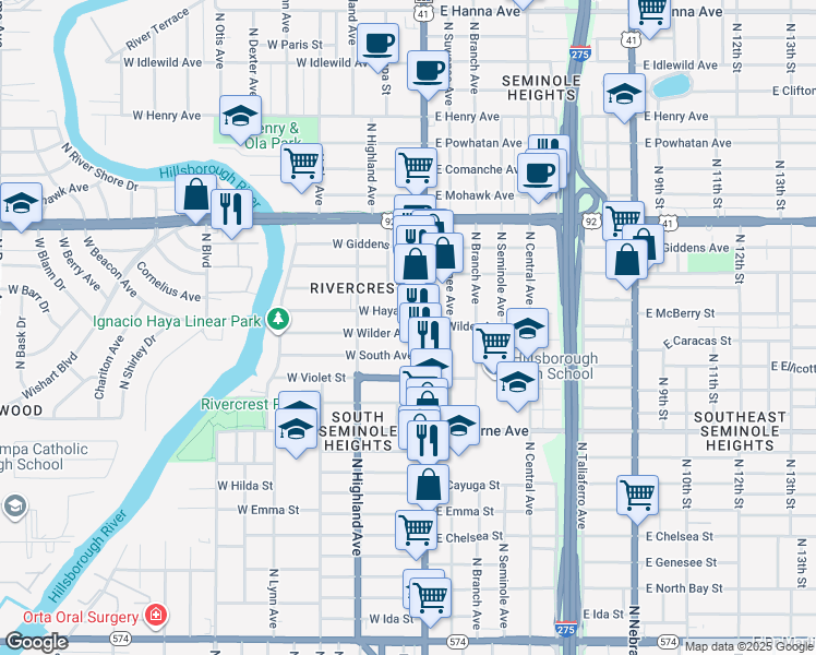 map of restaurants, bars, coffee shops, grocery stores, and more near 5120 North Florida Avenue in Tampa