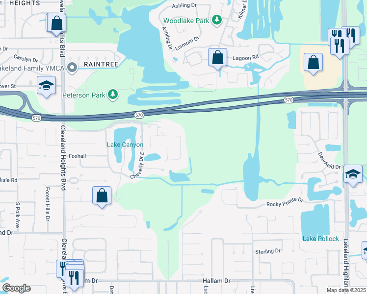 map of restaurants, bars, coffee shops, grocery stores, and more near 1252 Rolling Woods Lane in Lakeland