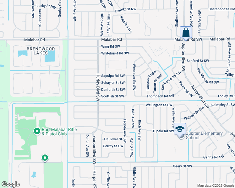 map of restaurants, bars, coffee shops, grocery stores, and more near 1218 Danforth Street Southwest in Palm Bay