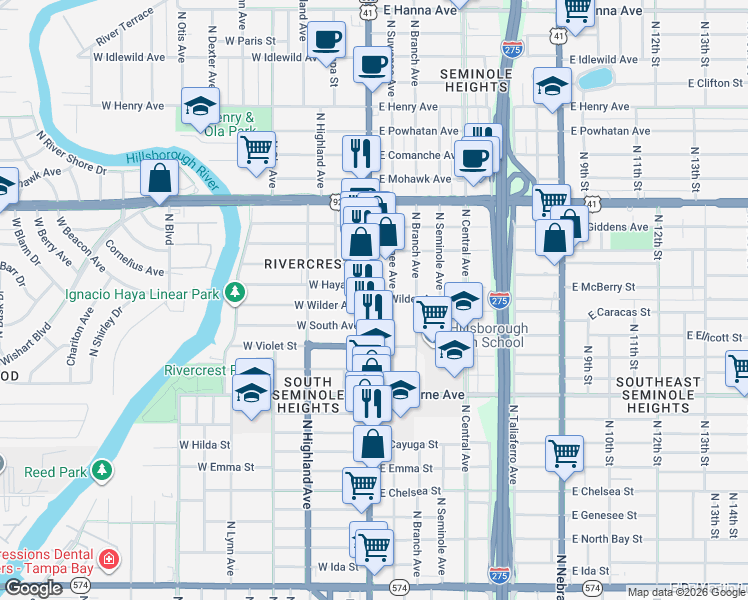 map of restaurants, bars, coffee shops, grocery stores, and more near 5120 North Florida Avenue in Tampa