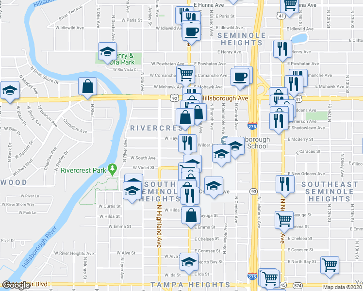 map of restaurants, bars, coffee shops, grocery stores, and more near 5120 North Florida Avenue in Tampa