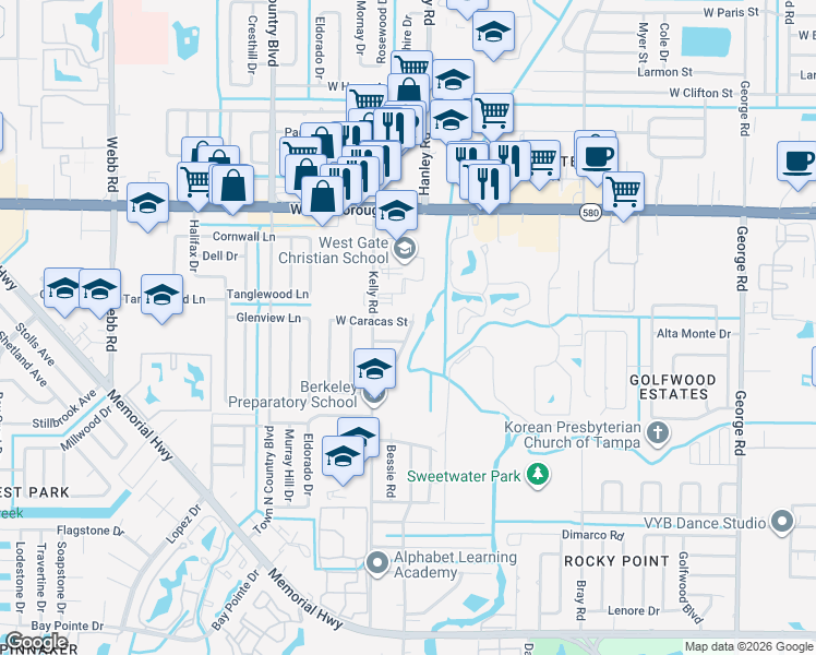 map of restaurants, bars, coffee shops, grocery stores, and more near 4916 Carlyle Road in Tampa
