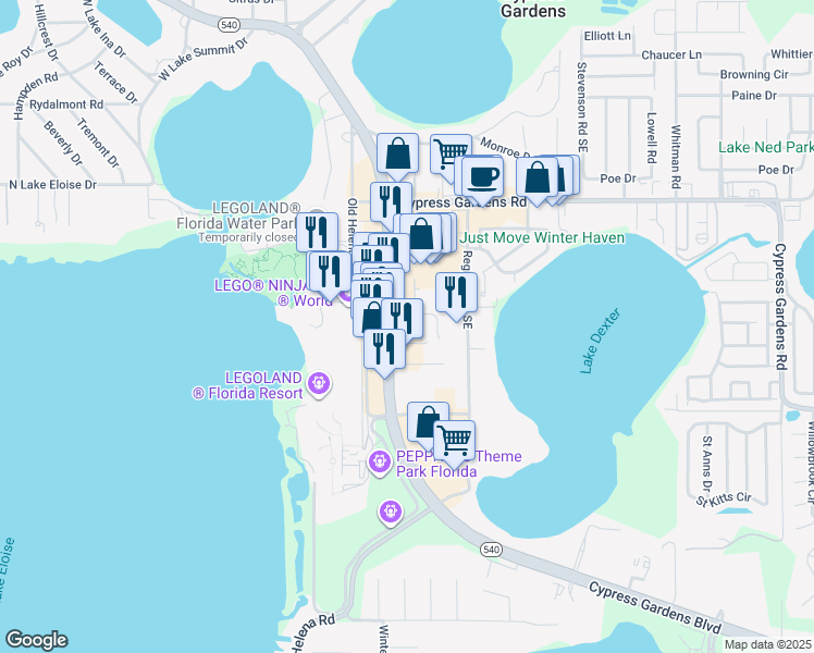 map of restaurants, bars, coffee shops, grocery stores, and more near 5850 Cypress Gardens Boulevard in Winter Haven