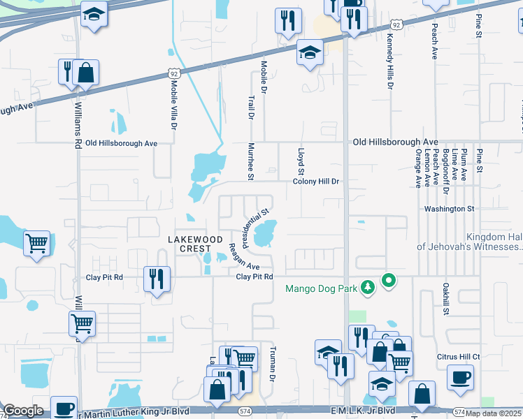 map of restaurants, bars, coffee shops, grocery stores, and more near 5102 Presidential Street in Seffner