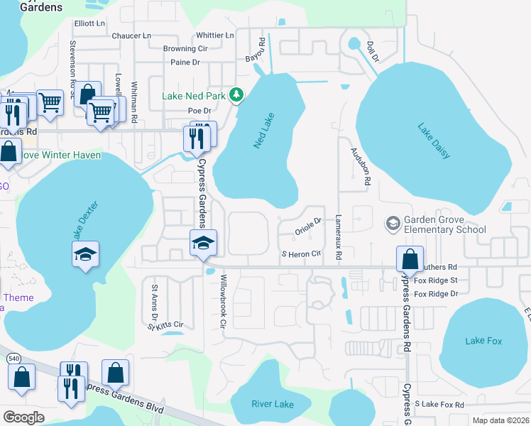 map of restaurants, bars, coffee shops, grocery stores, and more near 4098 Lake Ned Village Circle in Cypress Gardens