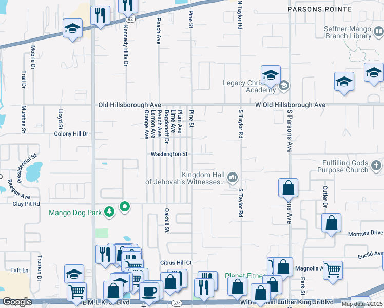 map of restaurants, bars, coffee shops, grocery stores, and more near 5300 Pine Street in Seffner