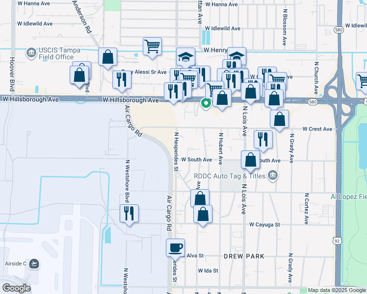 map of restaurants, bars, coffee shops, grocery stores, and more near 5018 North Hesperides Street in Tampa