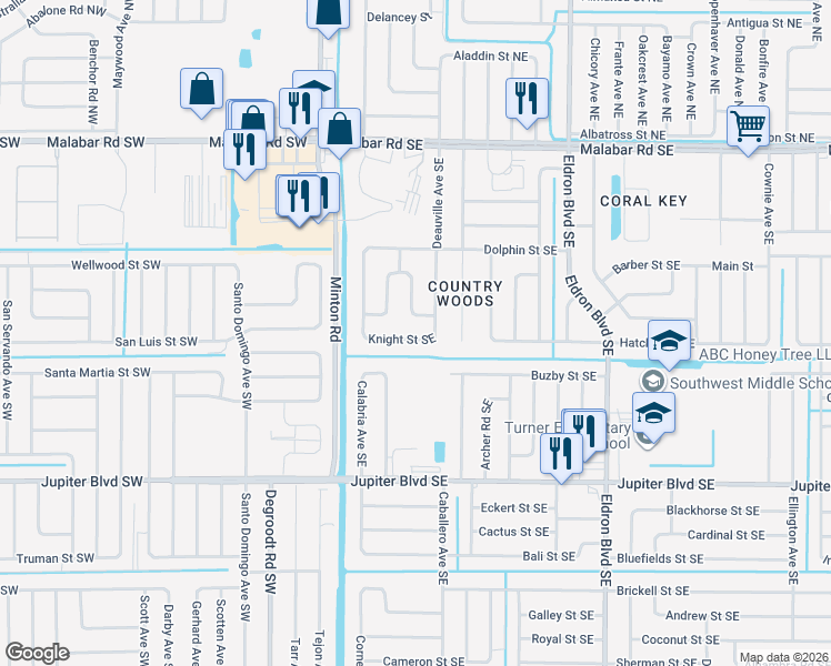 map of restaurants, bars, coffee shops, grocery stores, and more near 190 Angelo Road Southeast in Palm Bay