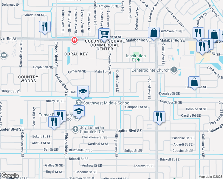 map of restaurants, bars, coffee shops, grocery stores, and more near 343 Cownie Avenue Southeast in Palm Bay