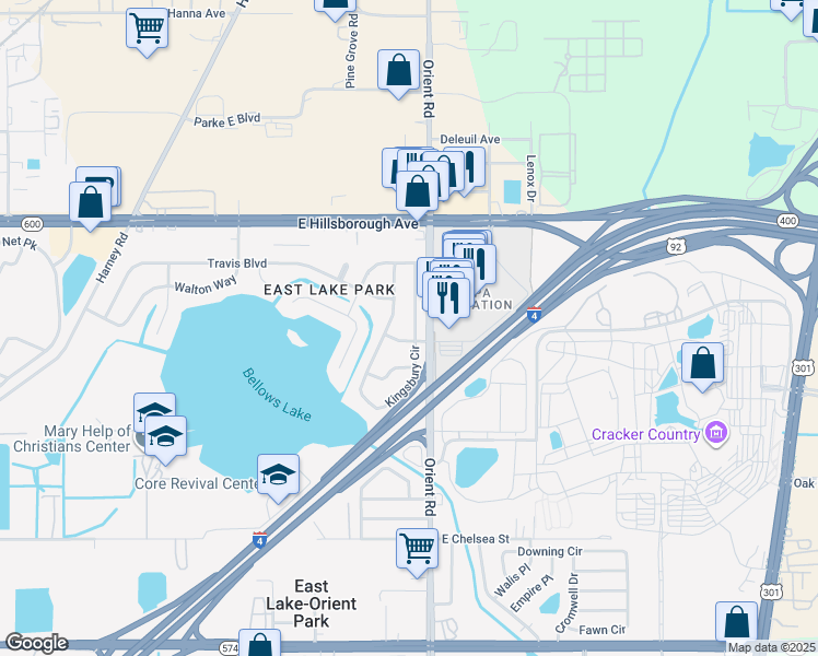map of restaurants, bars, coffee shops, grocery stores, and more near 7316 Kingsbury Circle in Tampa