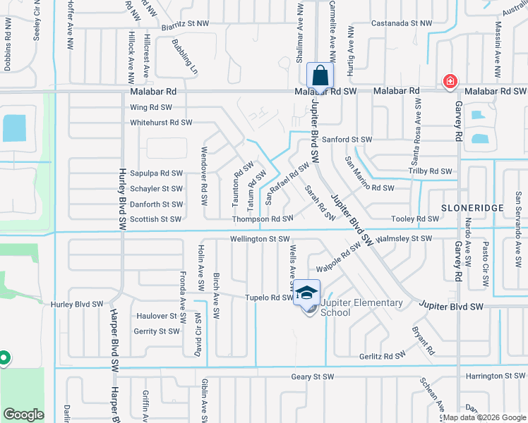 map of restaurants, bars, coffee shops, grocery stores, and more near 1063 San Rafael Road Southwest in Palm Bay
