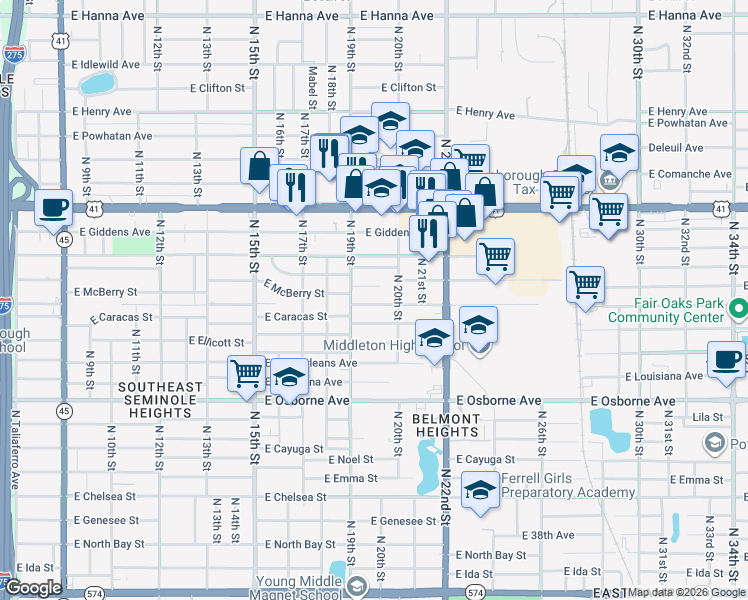 map of restaurants, bars, coffee shops, grocery stores, and more near 1903 East McBerry Street in Tampa