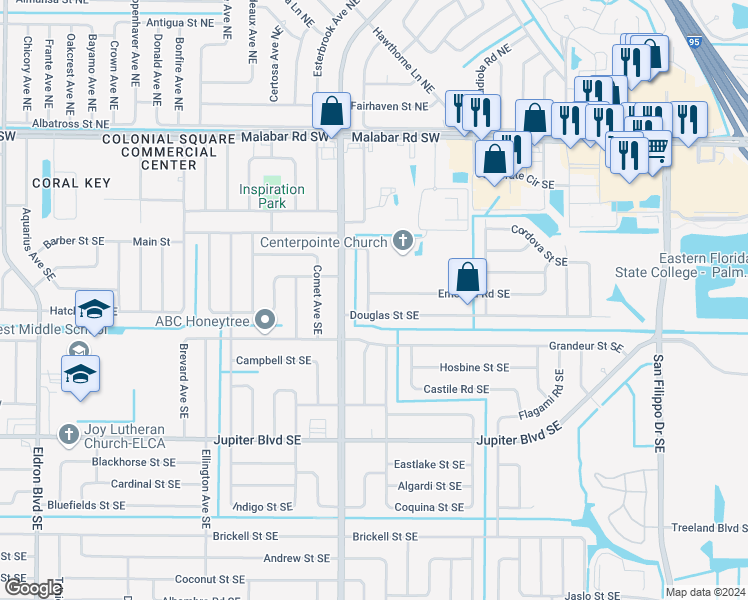 map of restaurants, bars, coffee shops, grocery stores, and more near 900 Emerald Road Southeast in Palm Bay