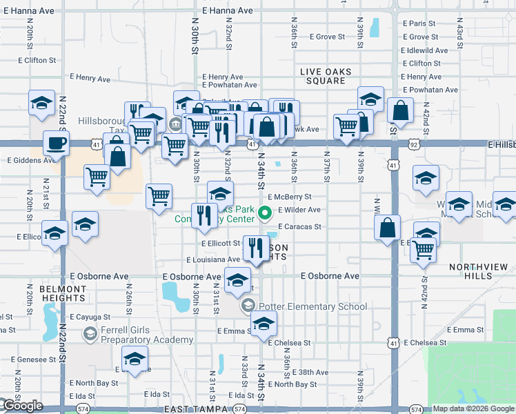 map of restaurants, bars, coffee shops, grocery stores, and more near 3403 East McBerry Street in Tampa