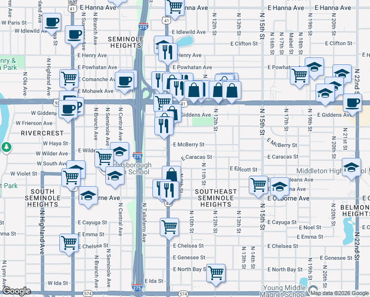 map of restaurants, bars, coffee shops, grocery stores, and more near 920 East McBerry Street in Tampa
