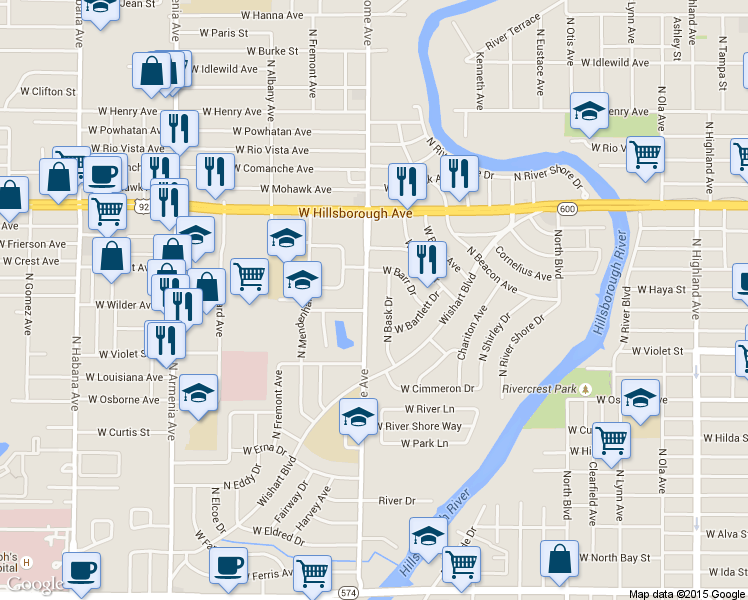 map of restaurants, bars, coffee shops, grocery stores, and more near 5203 North Rome Avenue in Tampa
