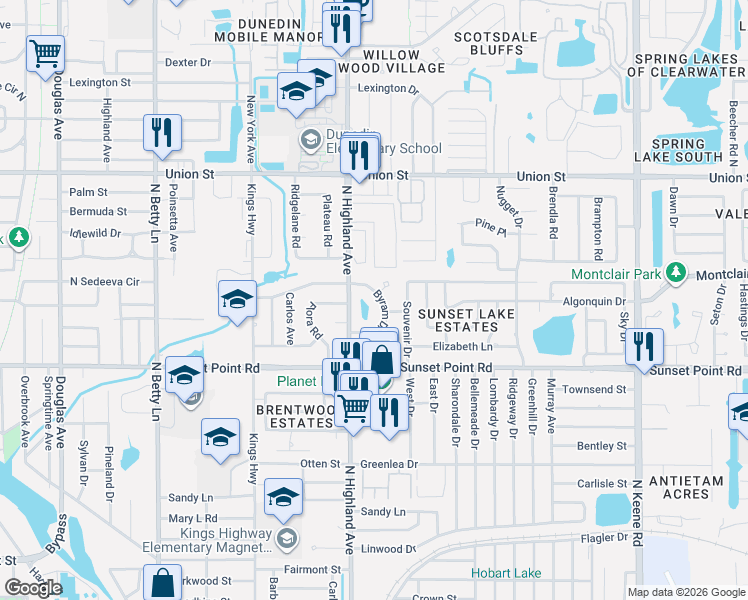 map of restaurants, bars, coffee shops, grocery stores, and more near 1980 Byram Drive in Clearwater
