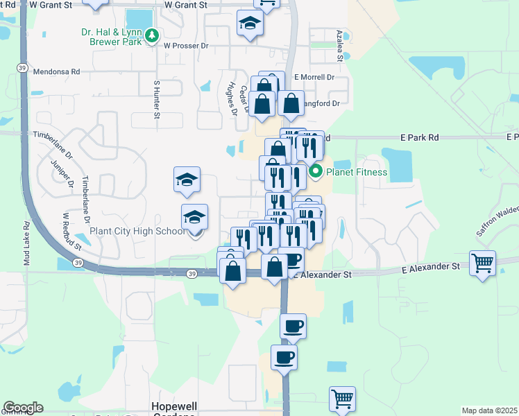 map of restaurants, bars, coffee shops, grocery stores, and more near 110 South Maki Road in Plant City
