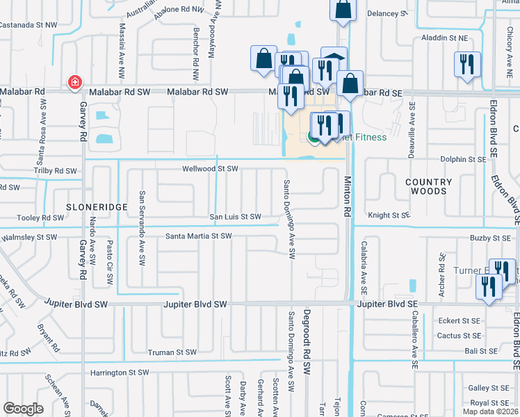 map of restaurants, bars, coffee shops, grocery stores, and more near 379 Trembley Avenue Southwest in Palm Bay