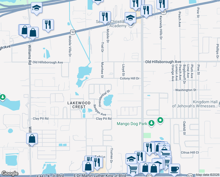 map of restaurants, bars, coffee shops, grocery stores, and more near 5106 Presidential Street in Seffner