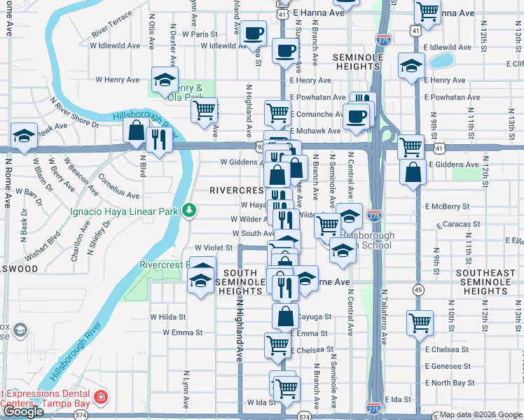 map of restaurants, bars, coffee shops, grocery stores, and more near 201 West Haya Street in Tampa