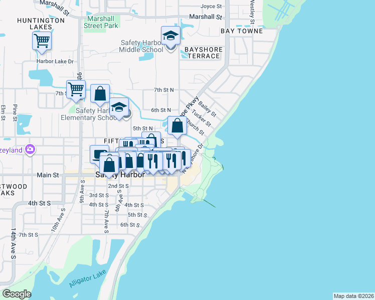 map of restaurants, bars, coffee shops, grocery stores, and more near 101-199 Jefferson Street in Safety Harbor