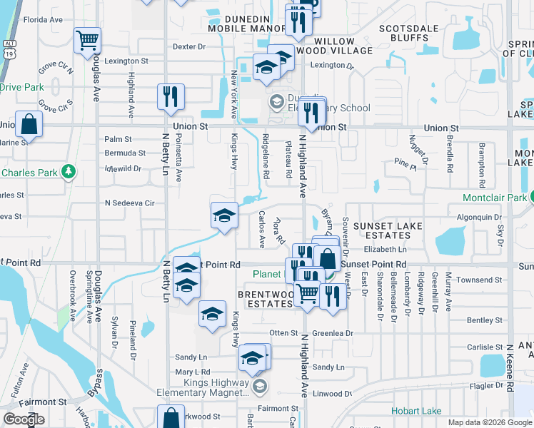 map of restaurants, bars, coffee shops, grocery stores, and more near 1457 Byram Drive in Clearwater