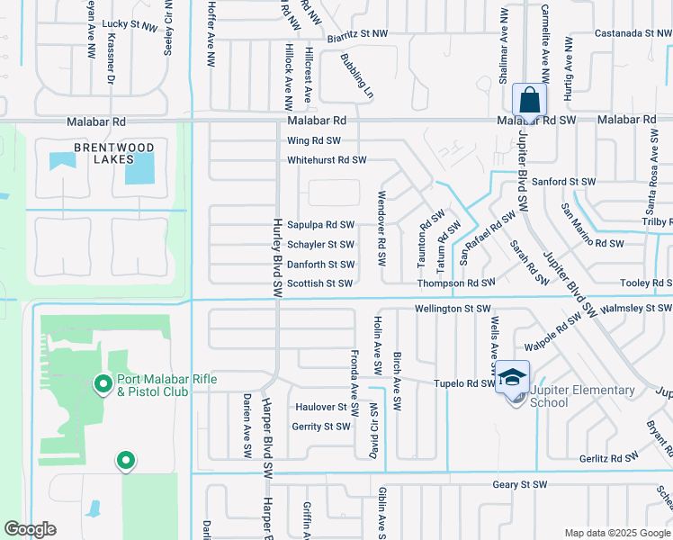 map of restaurants, bars, coffee shops, grocery stores, and more near 1218 Danforth Street Southwest in Palm Bay