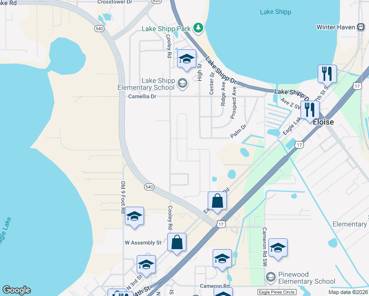 map of restaurants, bars, coffee shops, grocery stores, and more near 457 Saint Georges Circle in Eagle Lake
