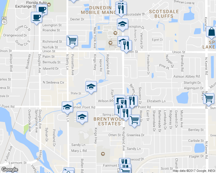 map of restaurants, bars, coffee shops, grocery stores, and more near 1461 Byram Drive in Clearwater