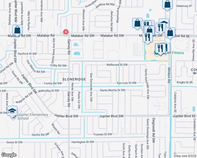 map of restaurants, bars, coffee shops, grocery stores, and more near 316 Tipton Road Southwest in Palm Bay