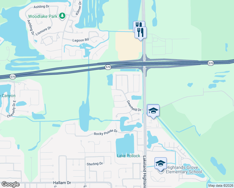 map of restaurants, bars, coffee shops, grocery stores, and more near 1955 Deerfield Drive in Lakeland