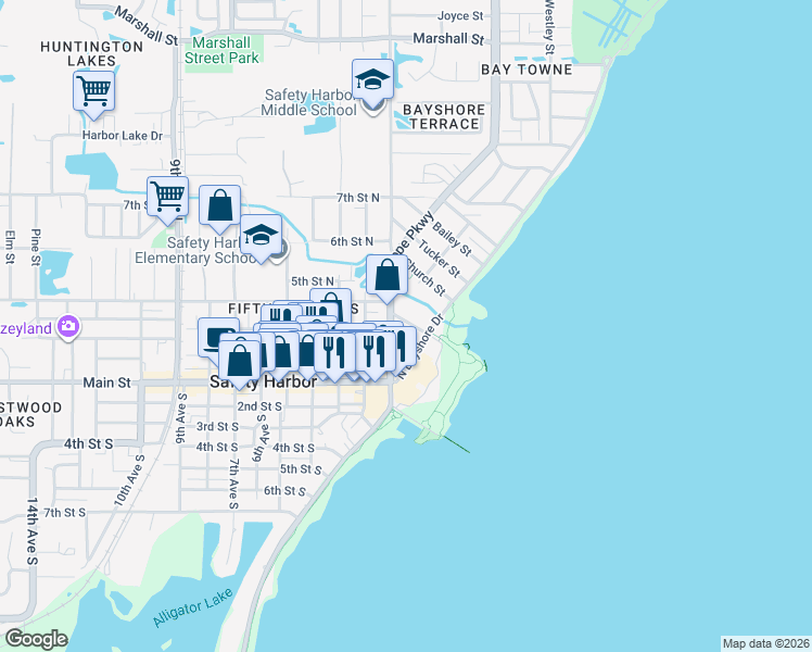map of restaurants, bars, coffee shops, grocery stores, and more near 101-199 Jefferson Street in Safety Harbor