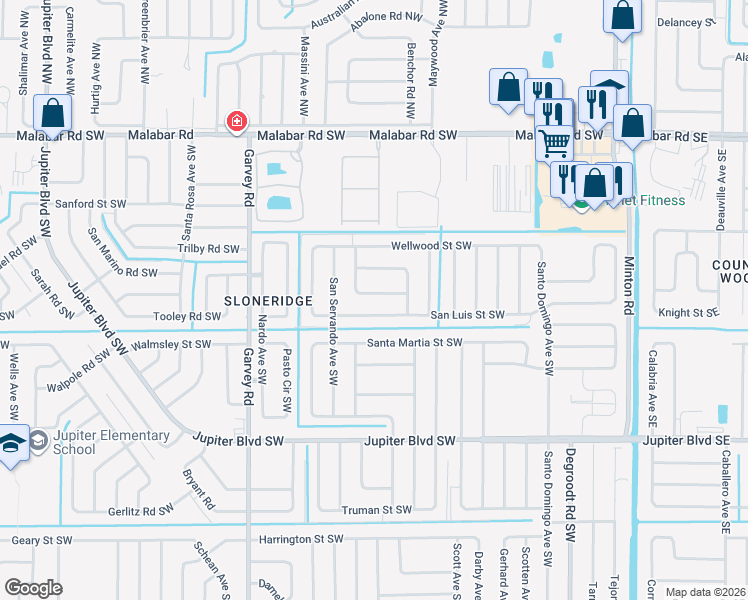 map of restaurants, bars, coffee shops, grocery stores, and more near 316 Tipton Road Southwest in Palm Bay