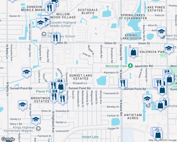 map of restaurants, bars, coffee shops, grocery stores, and more near 1648 Algonquin Drive in Clearwater
