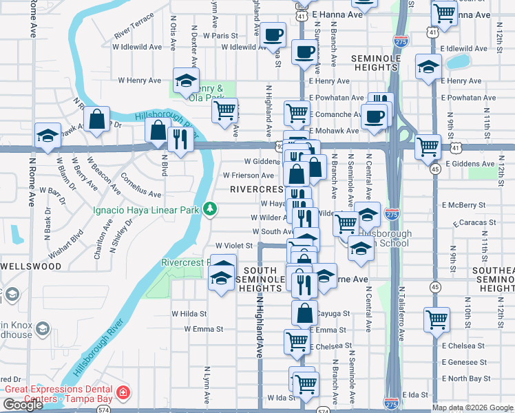 map of restaurants, bars, coffee shops, grocery stores, and more near 305 West Haya Street in Tampa