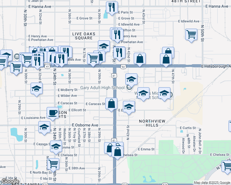 map of restaurants, bars, coffee shops, grocery stores, and more near 5110 North 40th Street in Tampa