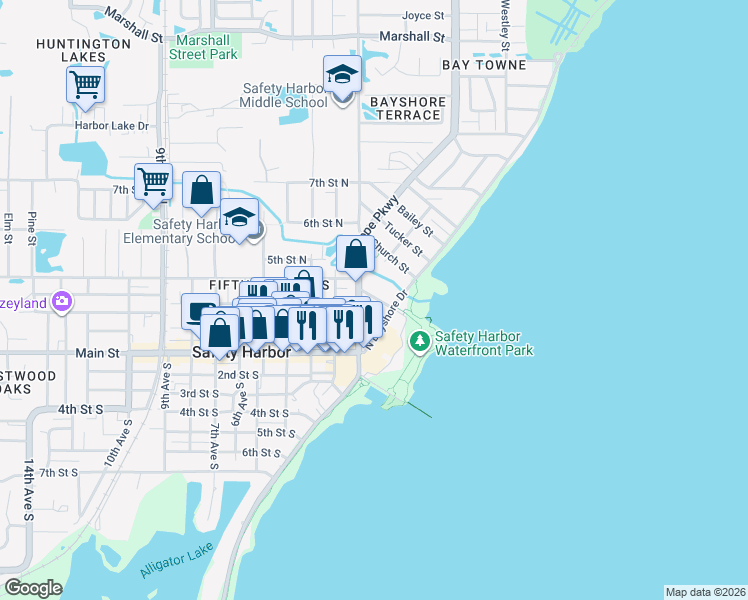 map of restaurants, bars, coffee shops, grocery stores, and more near 101-199 Jefferson Street in Safety Harbor