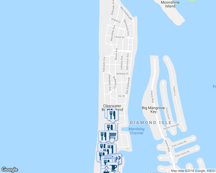map of restaurants, bars, coffee shops, grocery stores, and more near 764 Mandalay Avenue in Clearwater Beach