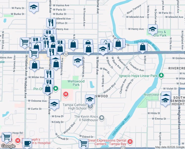 map of restaurants, bars, coffee shops, grocery stores, and more near 1710 West Alexander Drive South in Tampa
