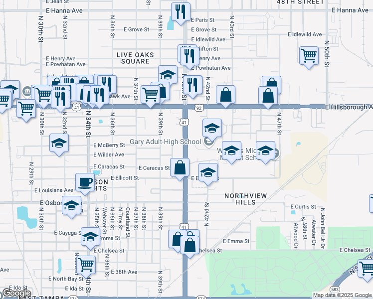 map of restaurants, bars, coffee shops, grocery stores, and more near 5103 North 40th Street in Tampa