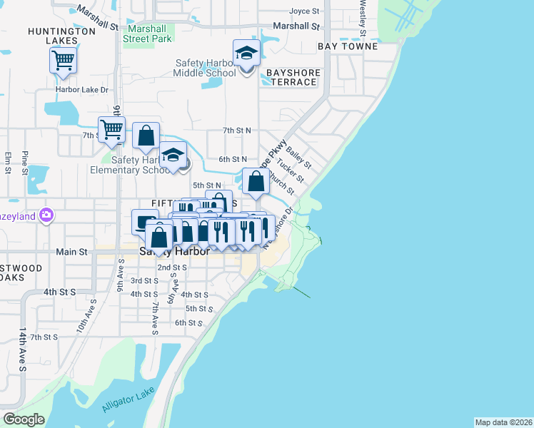 map of restaurants, bars, coffee shops, grocery stores, and more near 101-199 Jefferson Street in Safety Harbor
