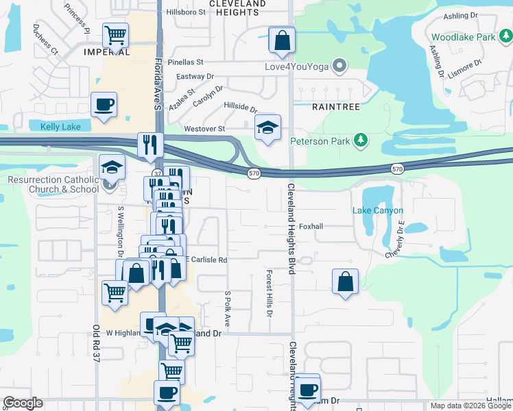 map of restaurants, bars, coffee shops, grocery stores, and more near 526 Poppell Drive in Lakeland